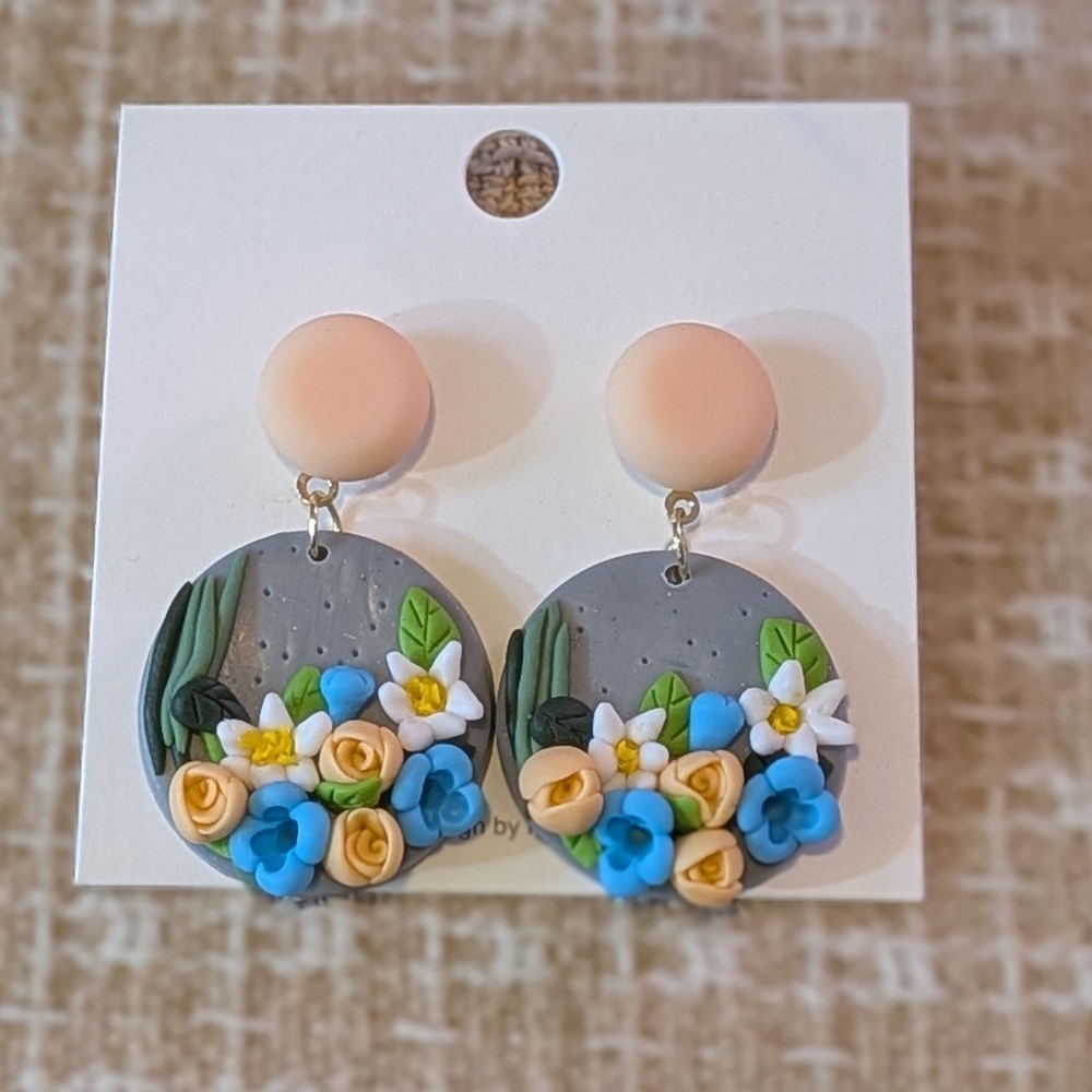 Handmade Floral Polymer Clay Dangle Earrings - Picture 2 of 5